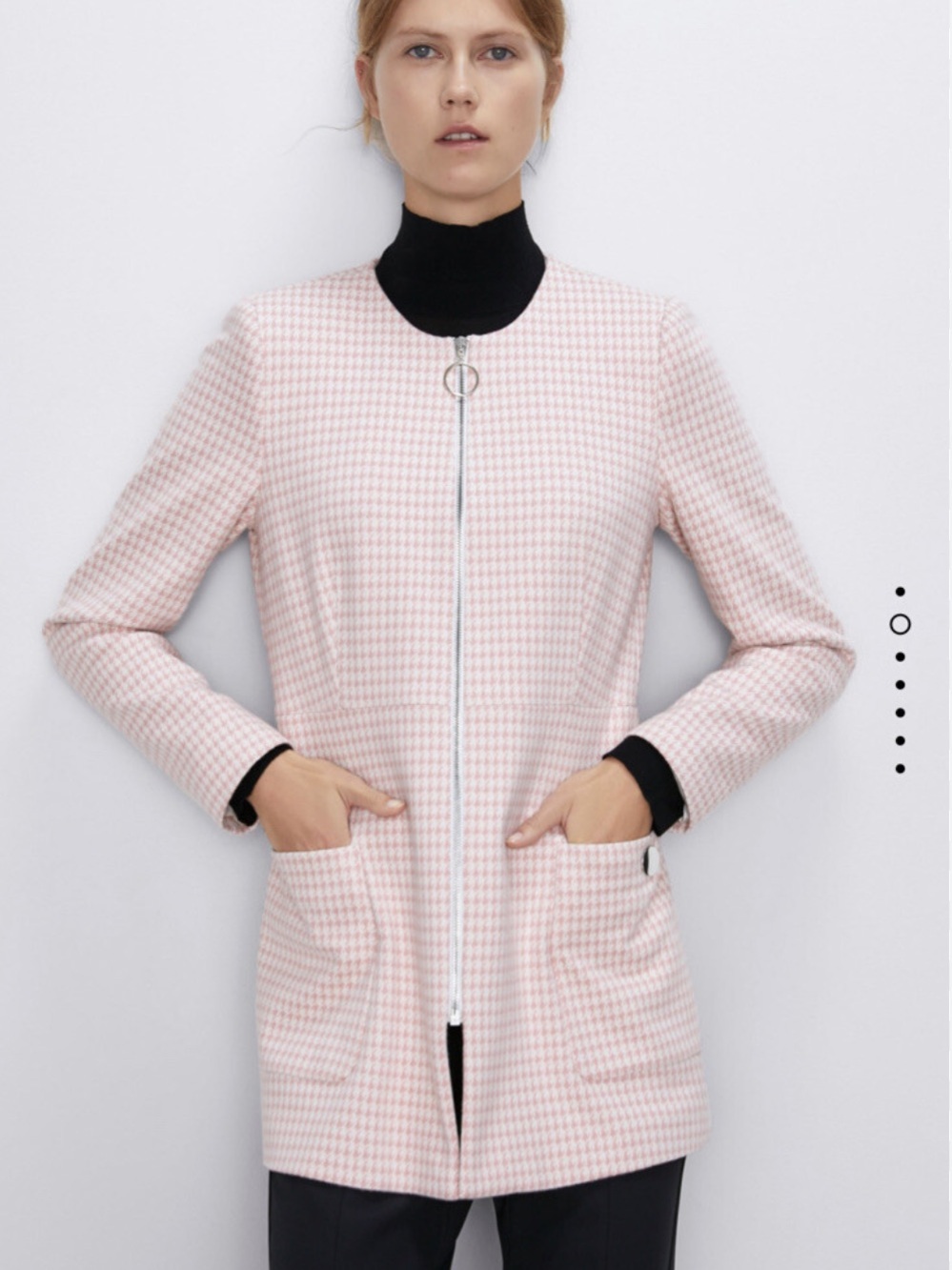 Zara Pink and White Houndstooth Zip-Front Blazer